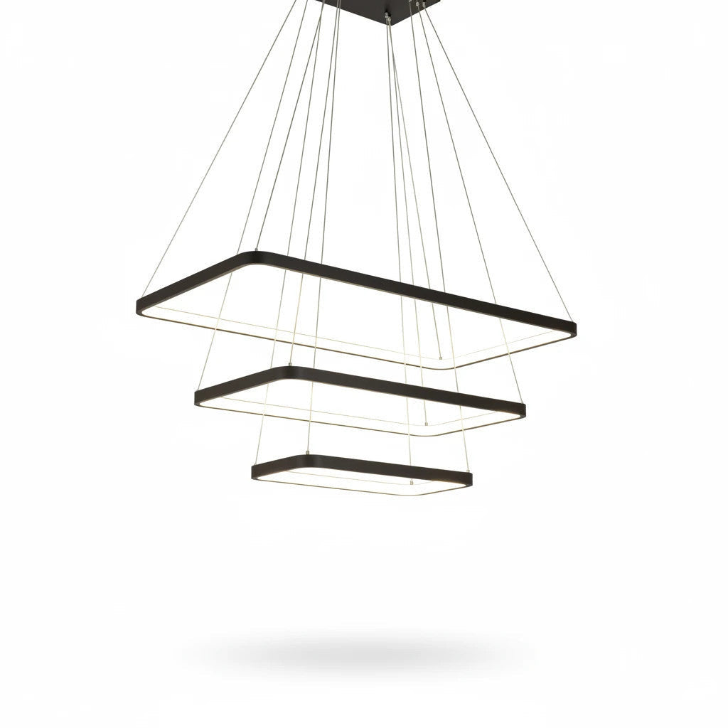 Lysverden modern black square LED pendant light with three tiered geometric rings for dining room lighting.