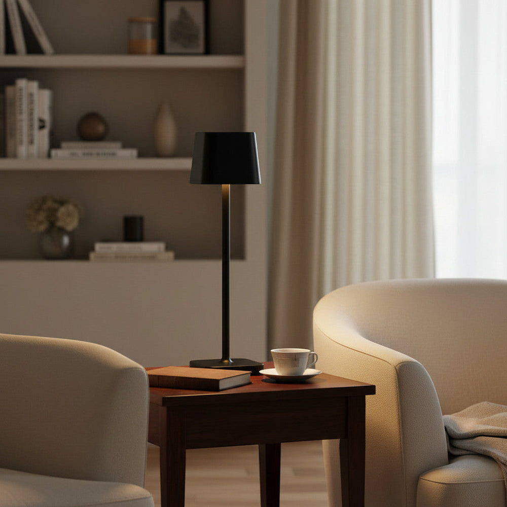 Lysverden cordless restaurant lamp with black square shade and base, touch control, dimmable 3000K LED light.