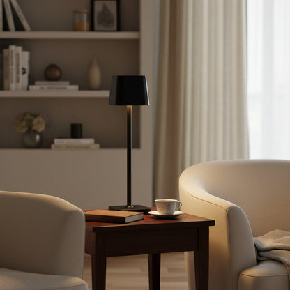 Lysverden cordless restaurant lamp with black square shade and base, touch control, dimmable 3000K LED light.
