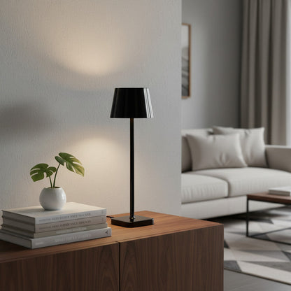 Lysverden larger square cordless restaurant lamp in black aluminum and ABS, with touch dimming and 3000K warm light.