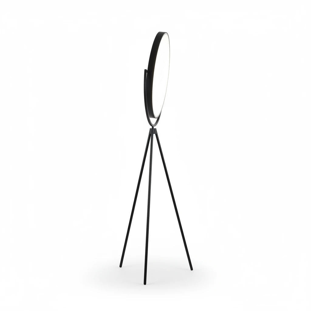 Lysverden black tripod floor lamp with a large circular LED shade in a minimalist graphic design