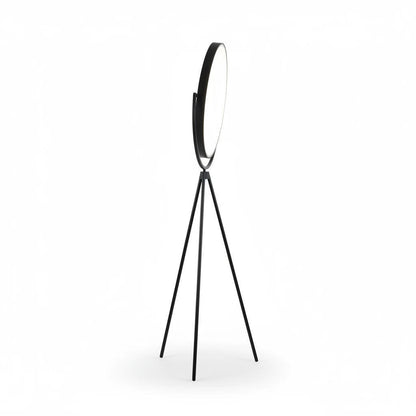 Lysverden black tripod floor lamp with a large circular LED shade in a minimalist graphic design
