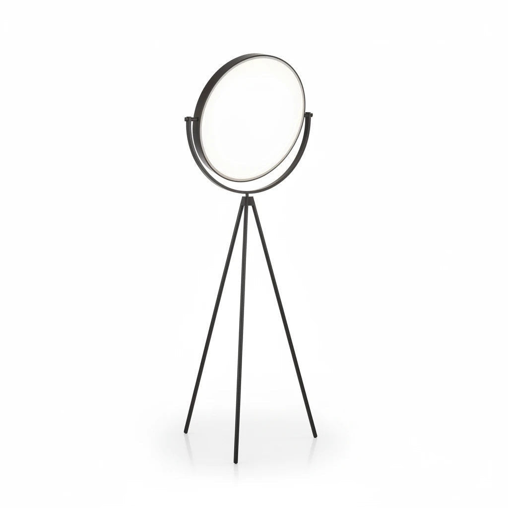 Lysverden black tripod floor lamp with a large circular LED shade and slim metal legs for modern interior lighting.