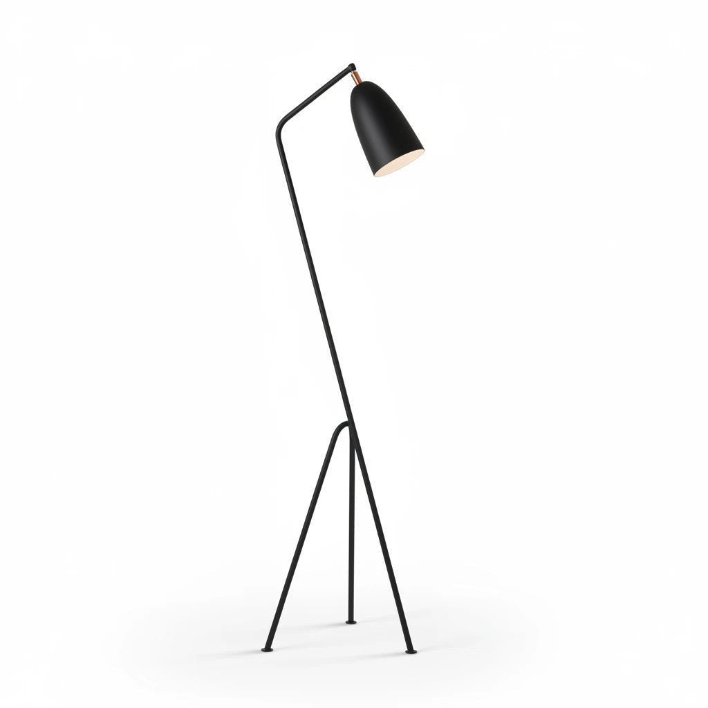 Lysverden black tripod floor lamp with a sleek adjustable cone shade in a minimalist Scandinavian retro style.