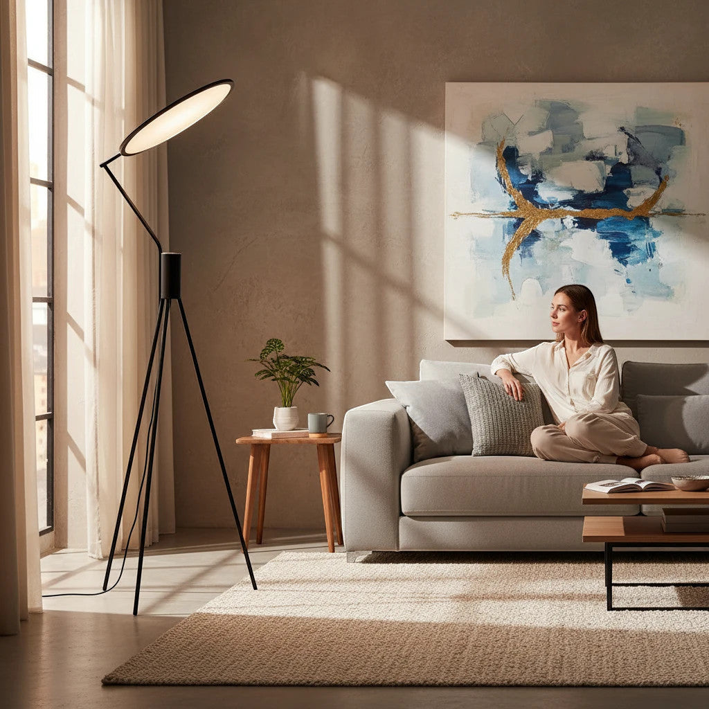 Lysverden black tripod uplight floor lamp with integrated LED casting soft indirect light in a modern living room