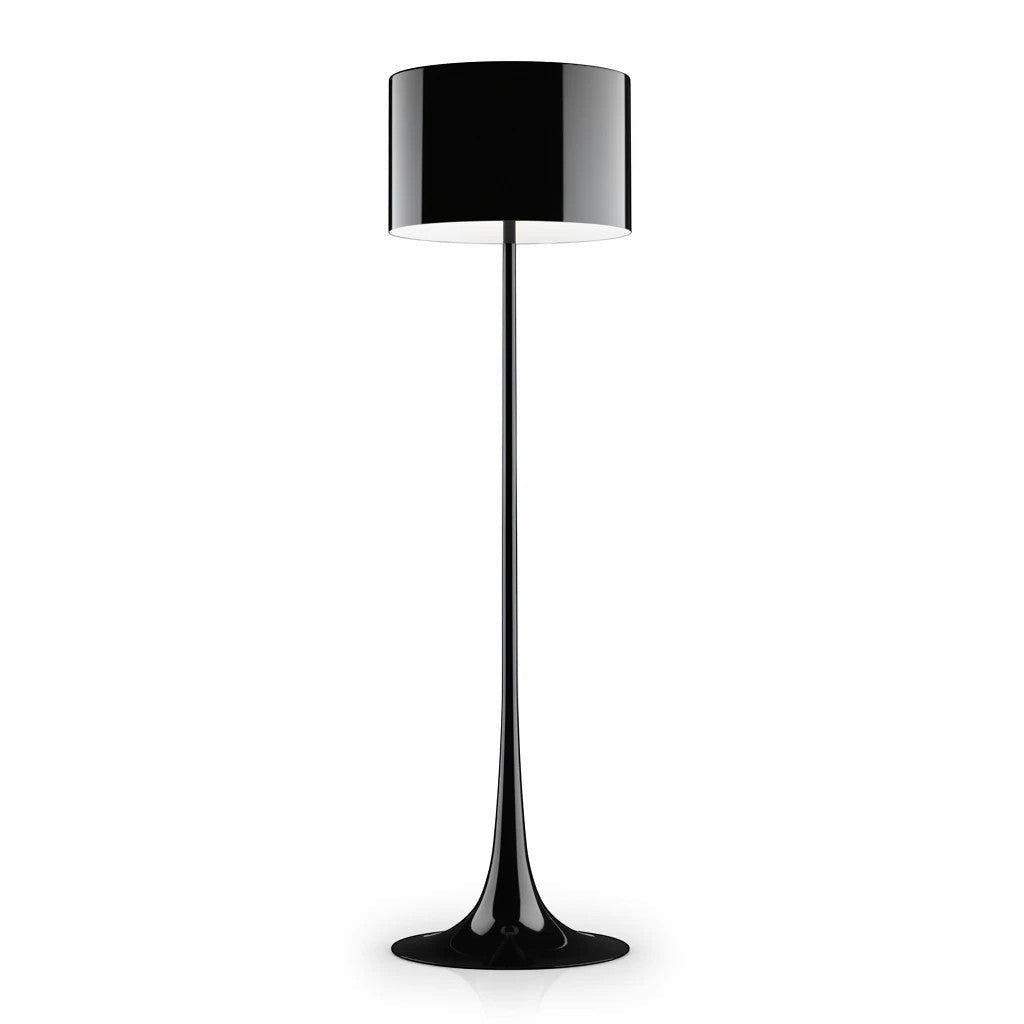 Lysverden black floor lamp with a sleek tulip base and a cylindrical shade for a modern, minimalist living room.