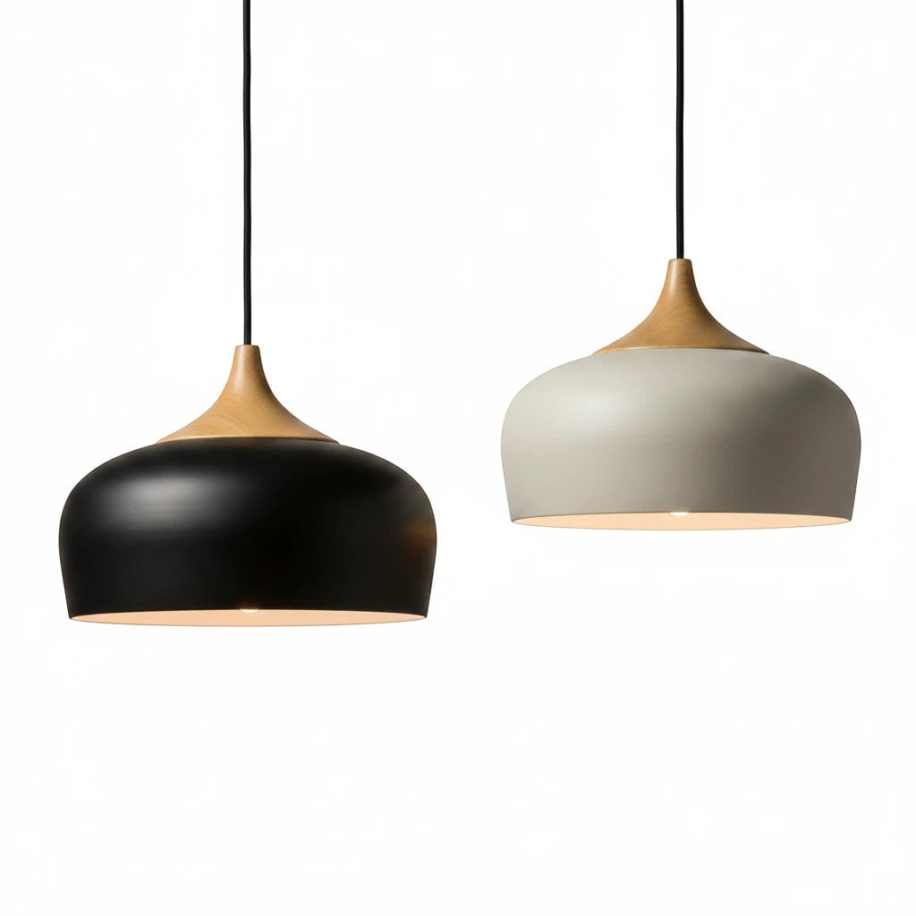 Lysverden Scandinavian dome pendant lights in black and white aluminium with natural wood details hanging in a pair