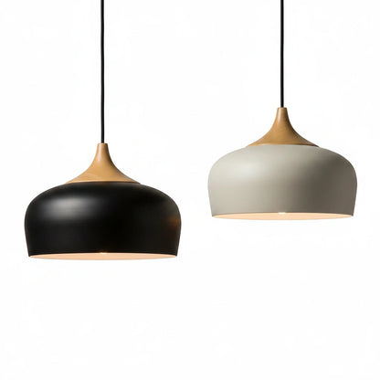 Lysverden Scandinavian dome pendant lights in black and white aluminium with natural wood details hanging in a pair