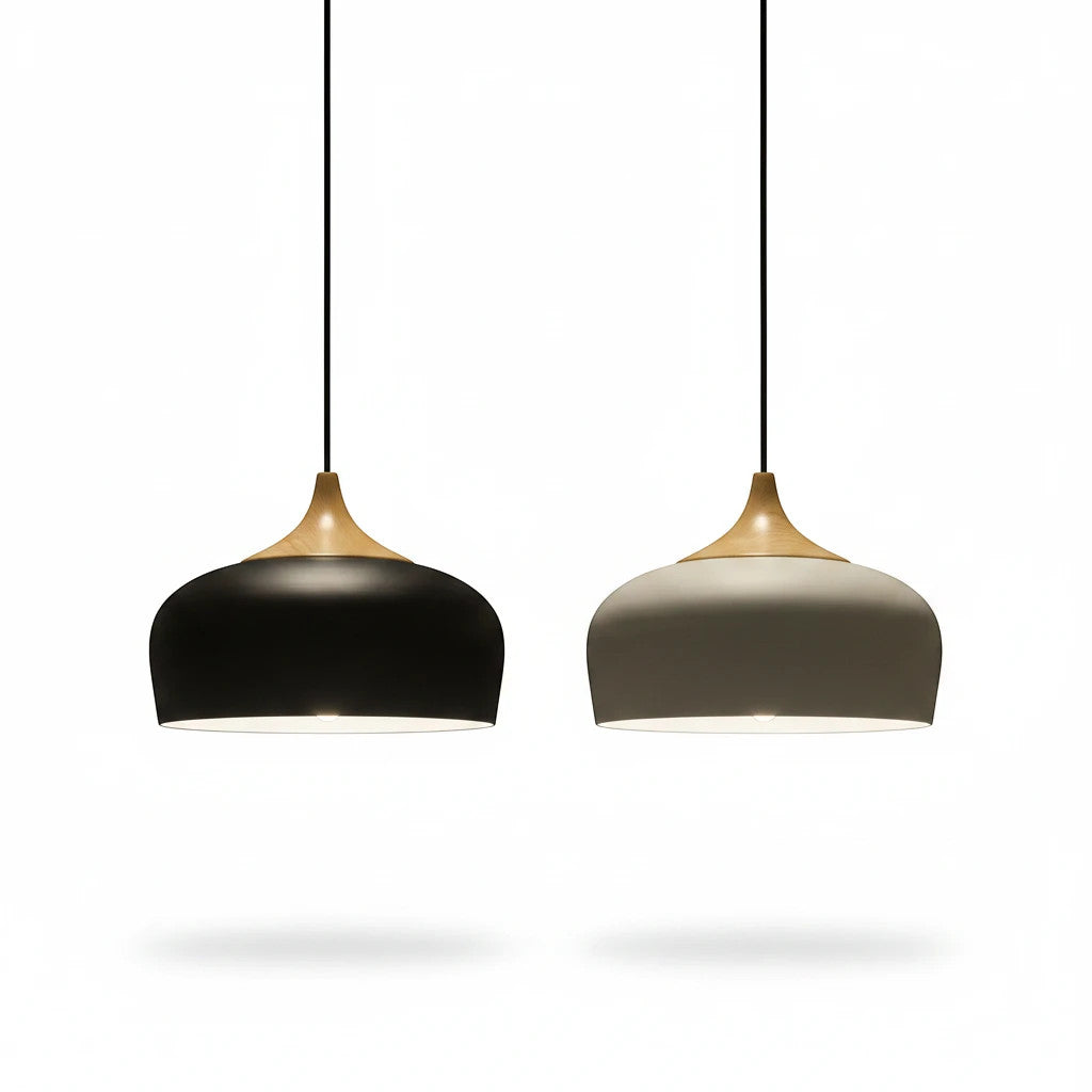 Lysverden black and white dome pendant lights with wooden details hanging against a white background