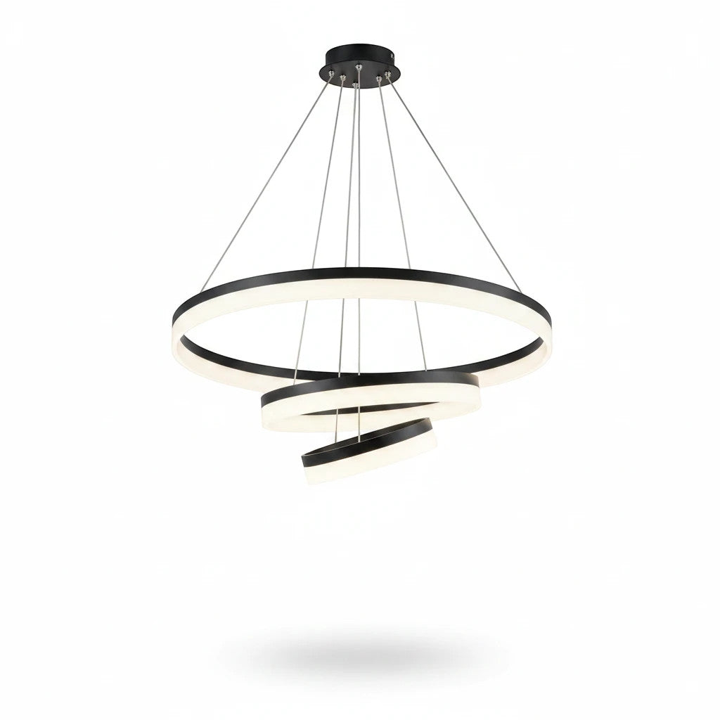 Lysverden minimalistisk sort og hvit LED-ringpendel med tre etasjedelte sirkelringer for moderne interiør.