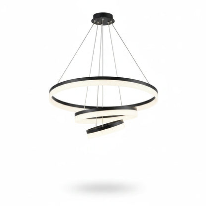 Lysverden minimalist black and white LED ring pendant light with three tiered circular hoops for modern interiors.