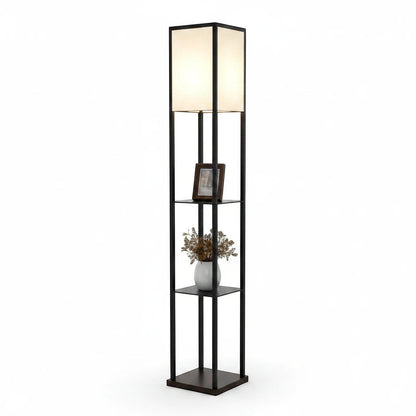 Lysverden floor lamp with a black wooden frame, three storage shelves, and a soft white fabric shade.