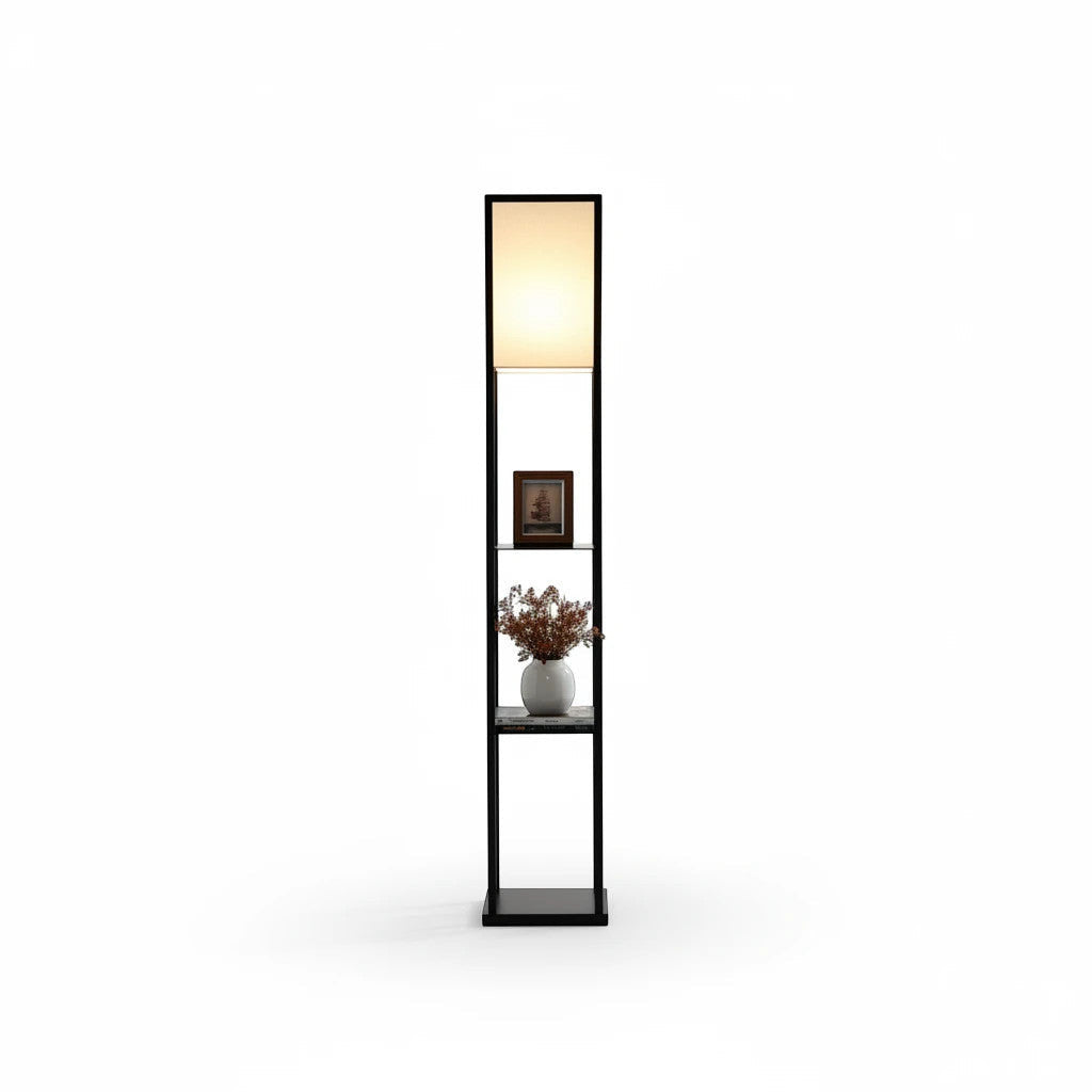 Lysverden floor lamp with black wooden frame, fabric shade, and two storage shelves against a white background.