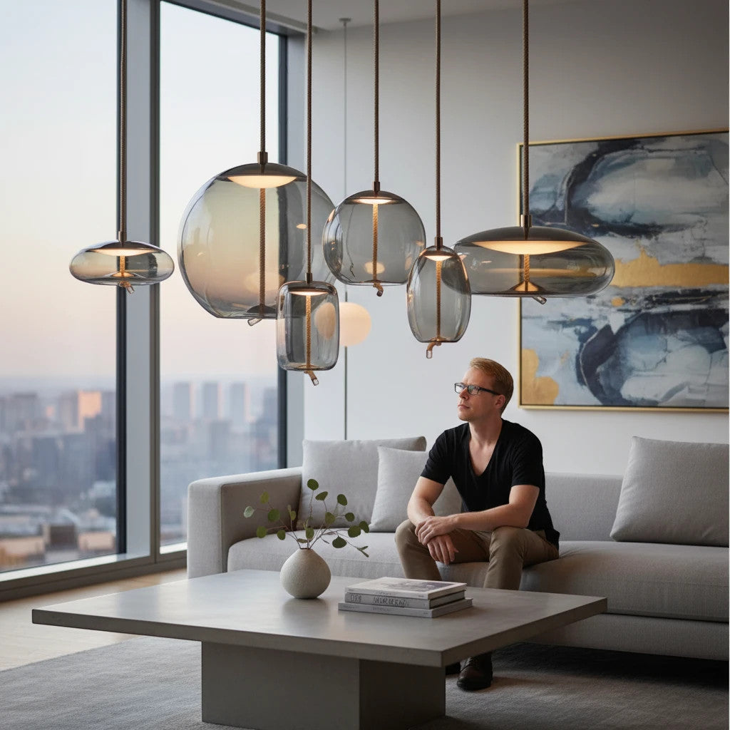 Lysverden BOBLE pendant lights in smoke-colored mouth-blown glass hanging in a modern living room with a man on a sofa.