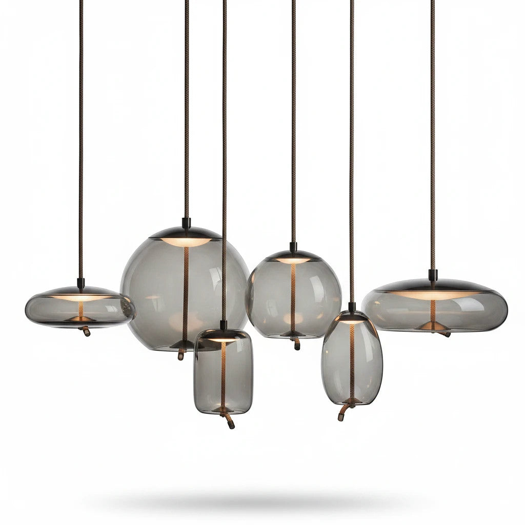 Lysverden BOBLE pendant light cluster with organic, mouth-blown smoke-grey glass shades in various shapes and sizes.