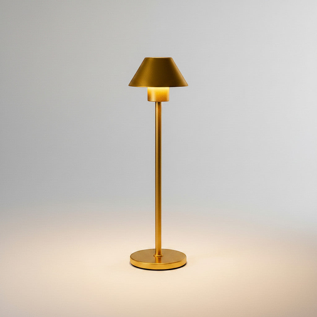 Lysverden cordless brass bell-shaped table lamp with touch dimming and marble base. 3600 mAh battery.