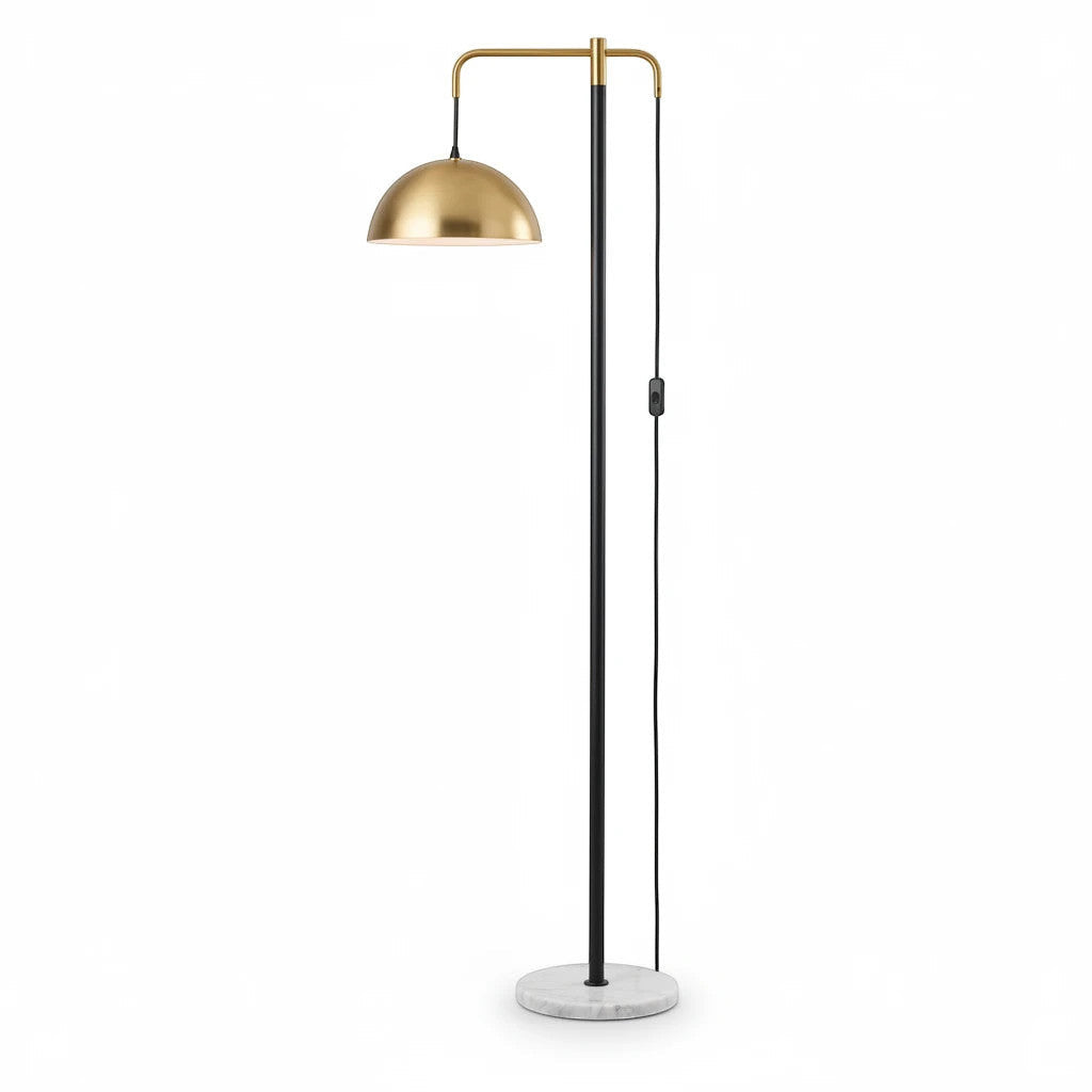 Lysverden floor lamp with a polished brass dome shade, slim black stem, and white marble base on a white background.