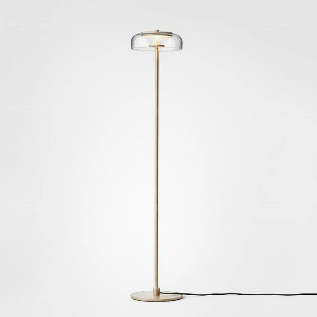 Lysverden elegant floor lamp with a slim brass stem and a clear glass disc shade emitting warm LED light.