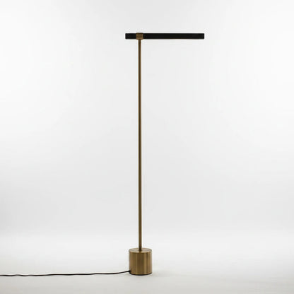 Lysverden minimalist floor lamp with a slim brass stand, cylindrical base, and horizontal black LED light bar.