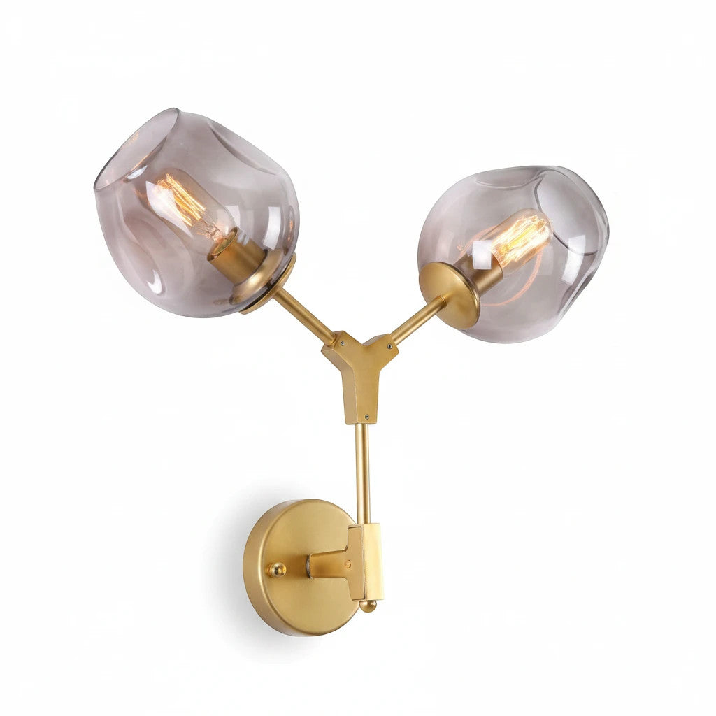 Lysverden mid-century wall lamp with two smoke-colored glass globes and a brass branch frame.