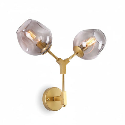 Lysverden mid-century wall lamp with two smoke-colored glass globes and a brass branch frame.