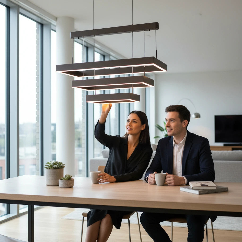 Lysverden rectangular LED chandelier with three stacked bronze frames hanging over a modern dining table with a couple.