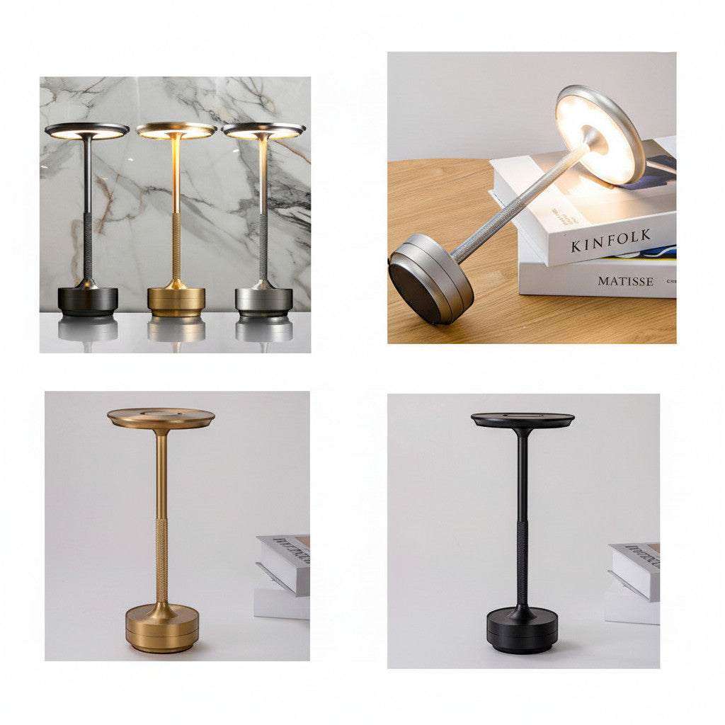 Lysverden cordless brushed aluminum table lamp with flat disc top, touch control, and 3 color temperatures.