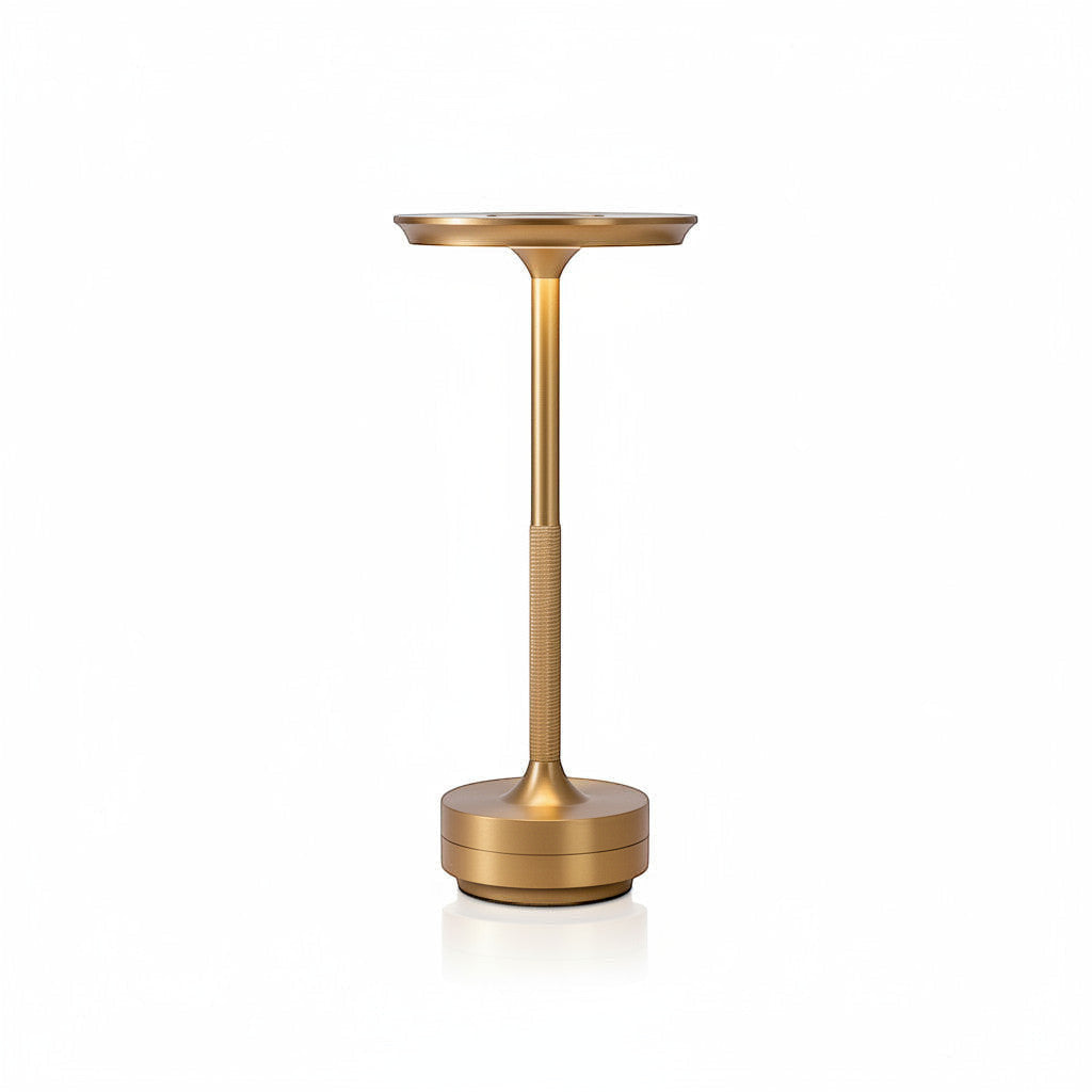 Lysverden brushed aluminum cordless table lamp with flat disc top, touch control, and 3 color temperatures.