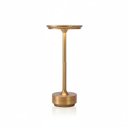 Lysverden brushed aluminum cordless table lamp with flat disc top, touch control, and 3 color temperatures.