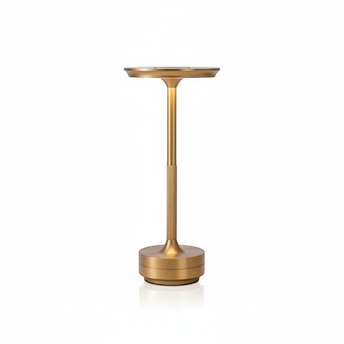 Lysverden brushed aluminum cordless table lamp with flat disc top, touch control, and 3 color temperatures.