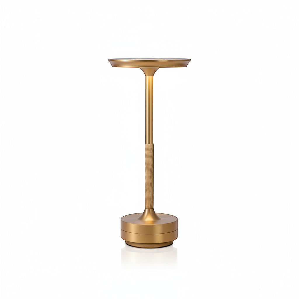 Lysverden cordless table lamp in brushed aluminum with a flat disc top and touch control. Features 3 color temperatures and dimmable light.