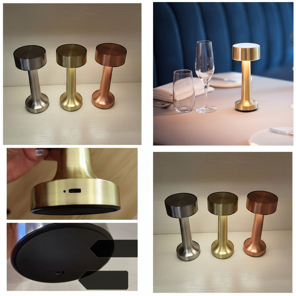 Lysverden brushed aluminum cordless disc-top table lamp with 4 color temperatures and Qi charging.