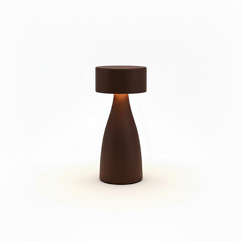 Lysverden disc-top table lamp in brushed aluminum with a flute stem and touch controls. Features 4 color temperatures and 3-level dimming.