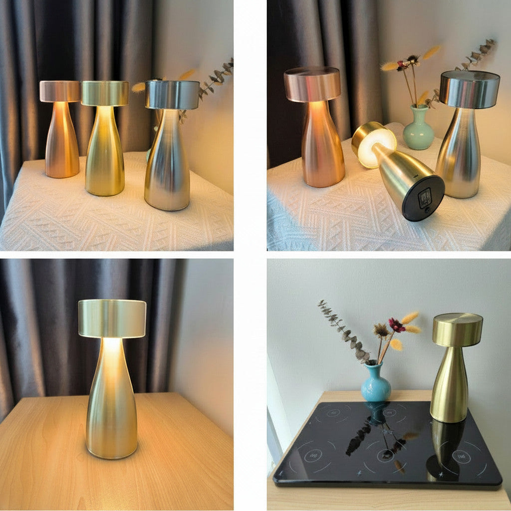 Lysverden brushed aluminum disc-top flute table lamp with 4 color temperatures and 3-level dimming.