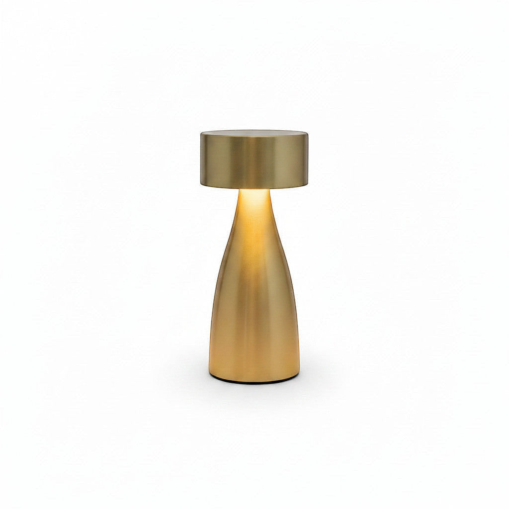Lysverden brushed aluminum flute table lamp with disc top, touch control, 4 color temperatures, and Qi charging.