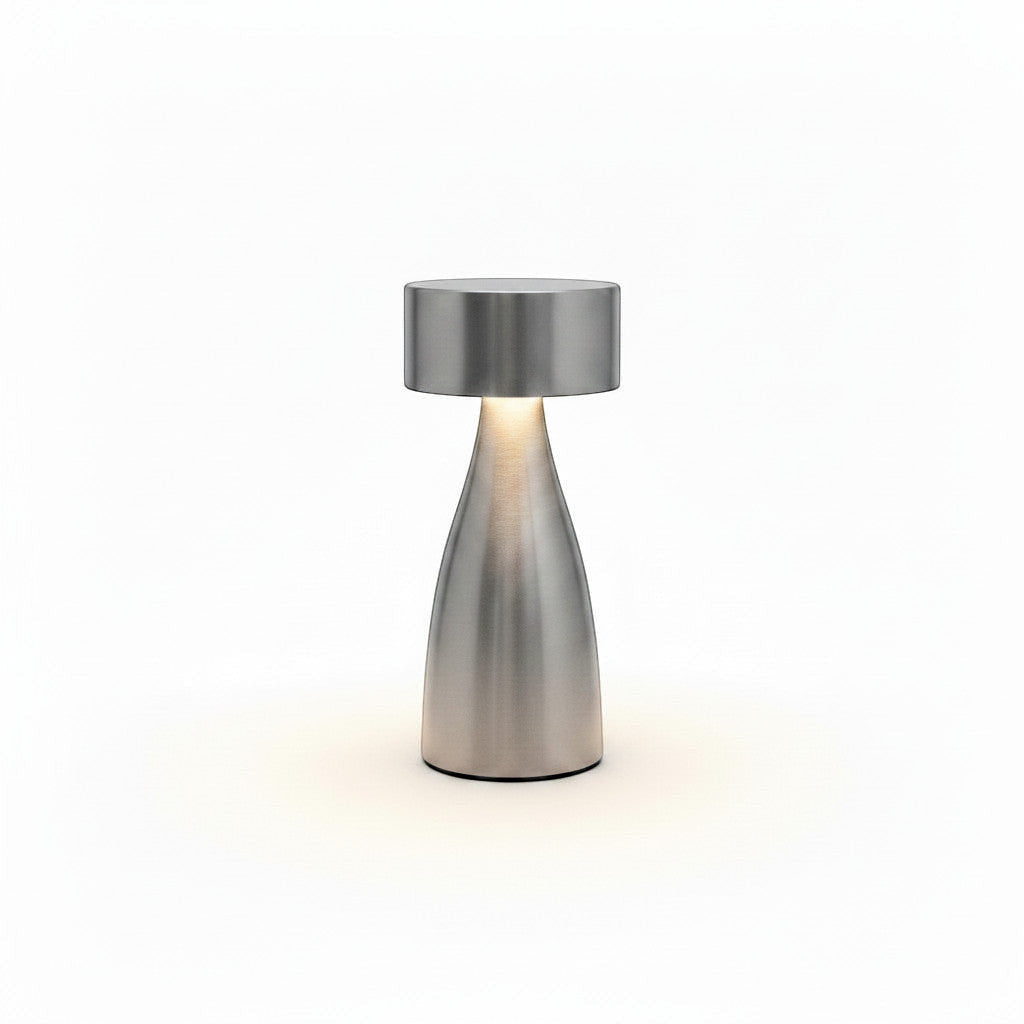 Lysverden brushed aluminum disc-top table lamp with flute stem, touch control, and 4 color temperatures.