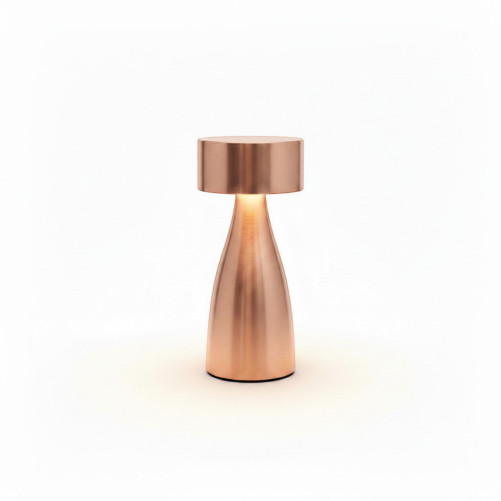 Lysverden brushed aluminum disc-top flute table lamp with 4 color temperatures and Qi charging.