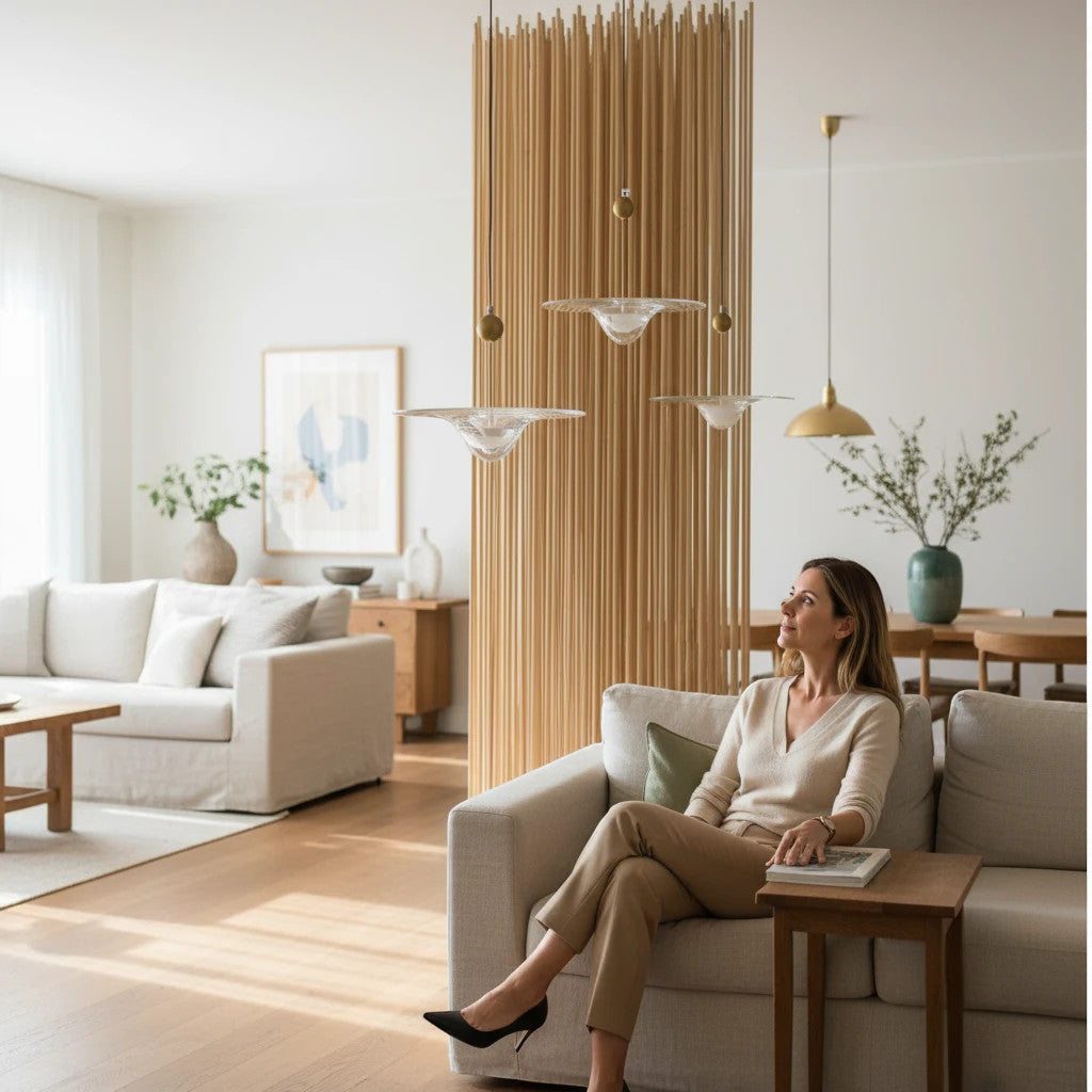 Lysverden glass pendant lamps with bubble glass texture hanging in a modern living room with a woman sitting on a sofa.