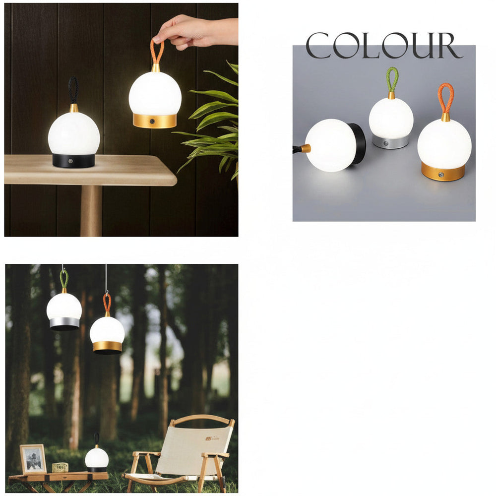 Lysverden ball-shaped camping lantern with leather handle, touch control, 3 color temperatures, dimmable, 1500 mAh battery.