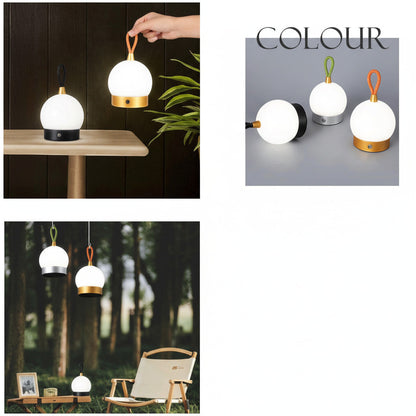 Lysverden ball-shaped camping lantern with leather handle, touch control, 3 color temperatures, dimmable, 1500 mAh battery.