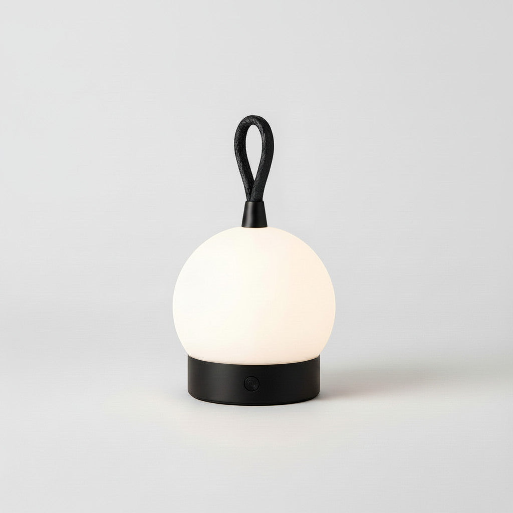 Lysverden white globe lantern with black base and leather handle, touch control, 3 color temps, dimmable.