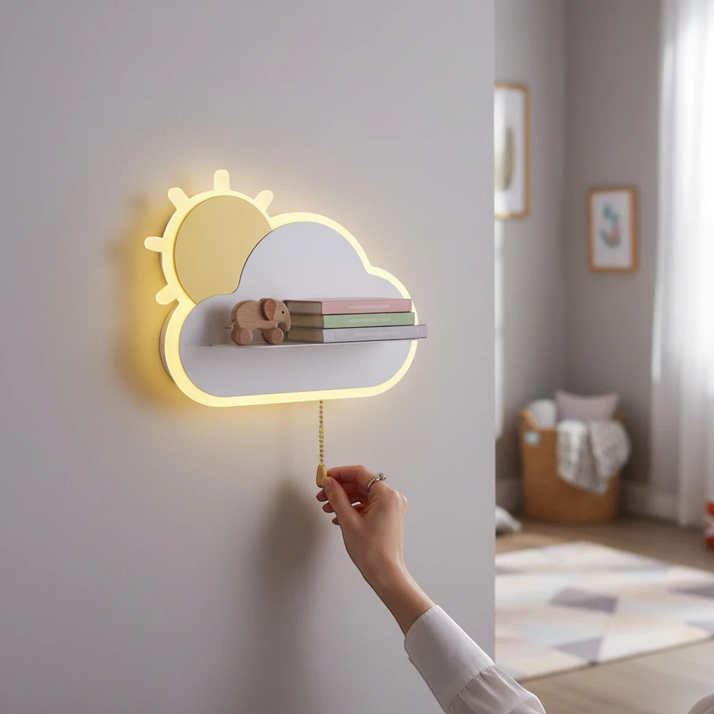 Lysverden cloud and sun shaped LED wall lamp with a small shelf and pull cord switch, glowing with warm light.