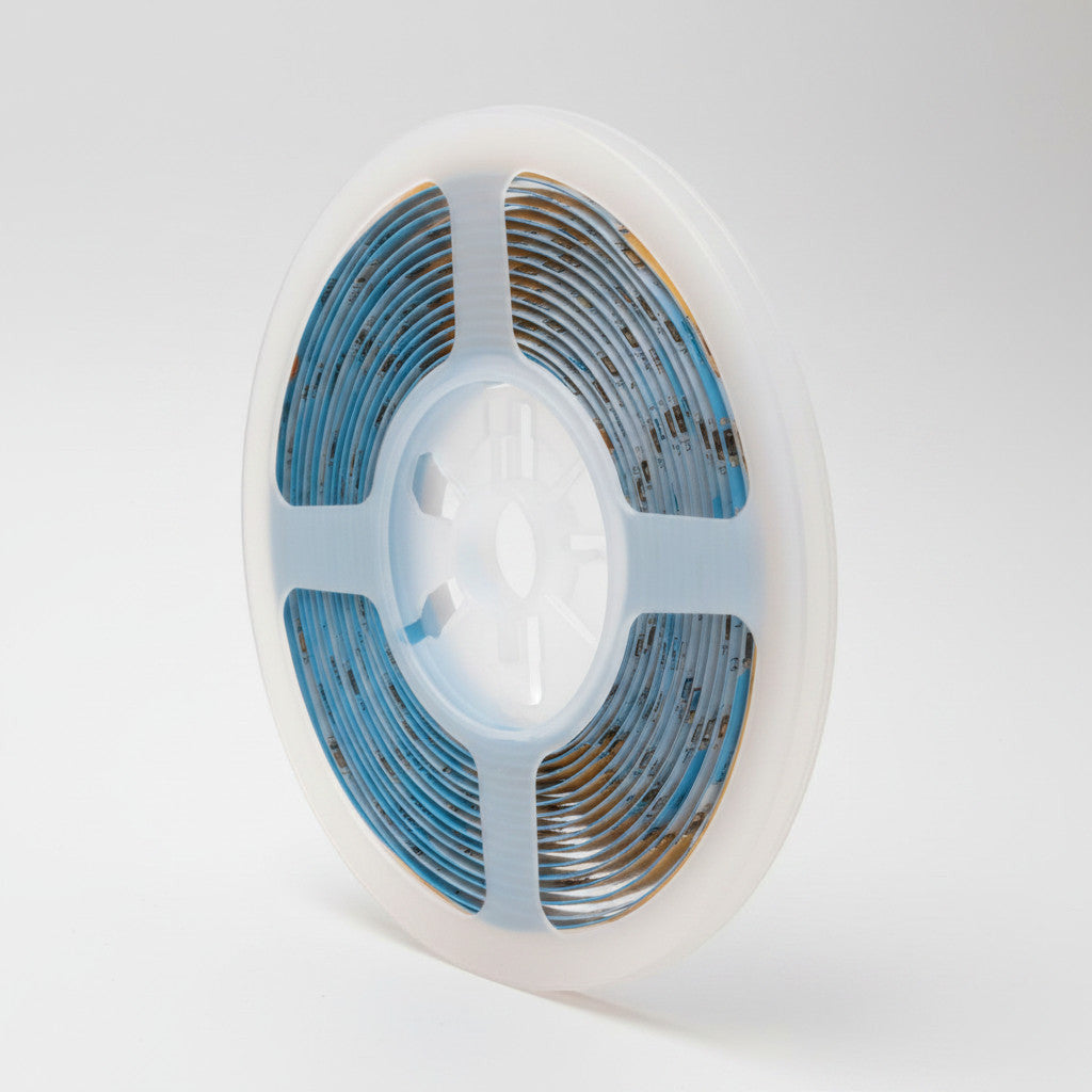 Lysverden 5m roll of 24V COB LED strip light, seamless, warm or natural white, 8mm wide, IP20 rated.