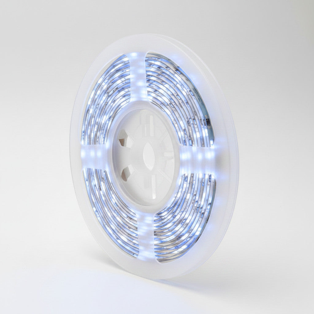 Lysverden 5m roll of 24V COB LED strip light, seamless, 8mm wide, available in warm or natural white.