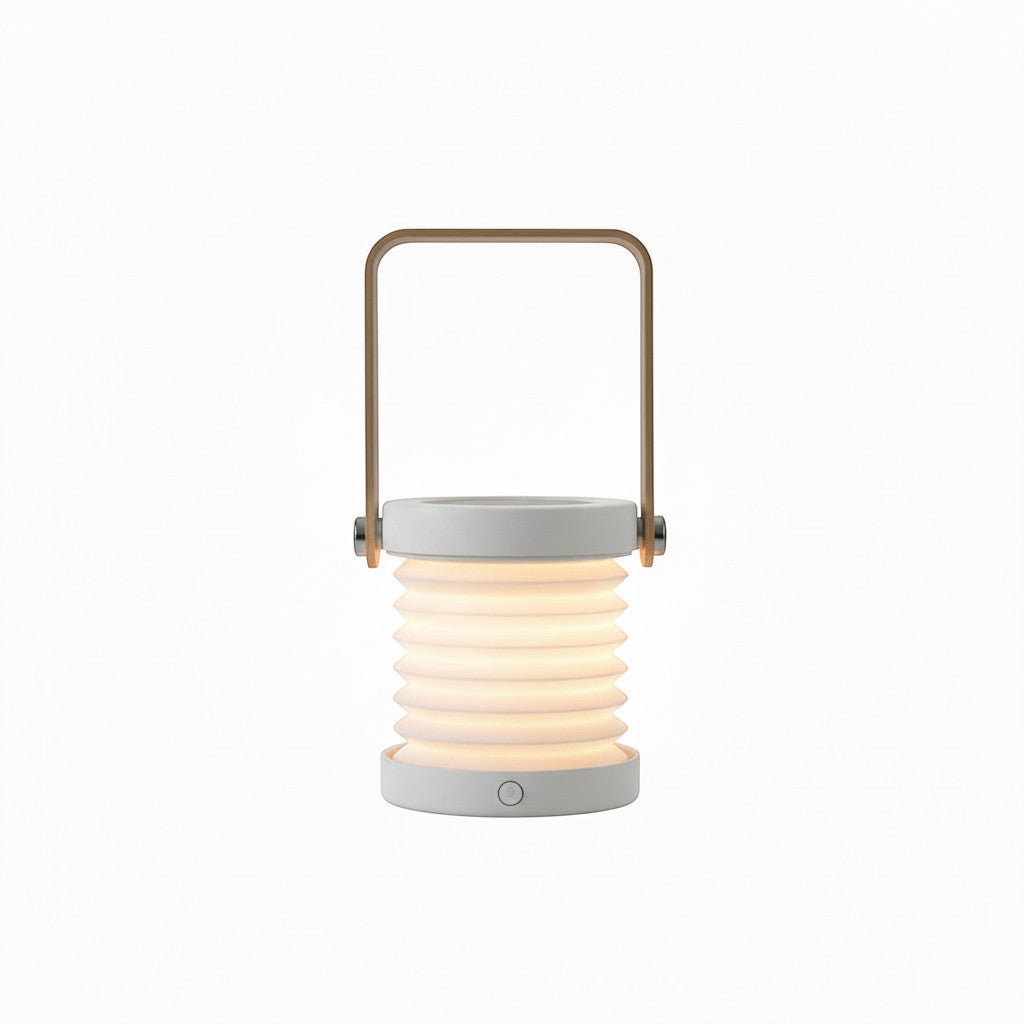 Lysverden collapsible accordion lantern with wood handle, touch control, and dimmable light.