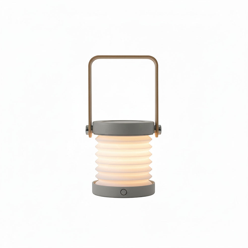 Lysverden collapsible lantern with wood handle, grey base, and accordion paper shade. Touch-controlled, dimmable, rechargeable.
