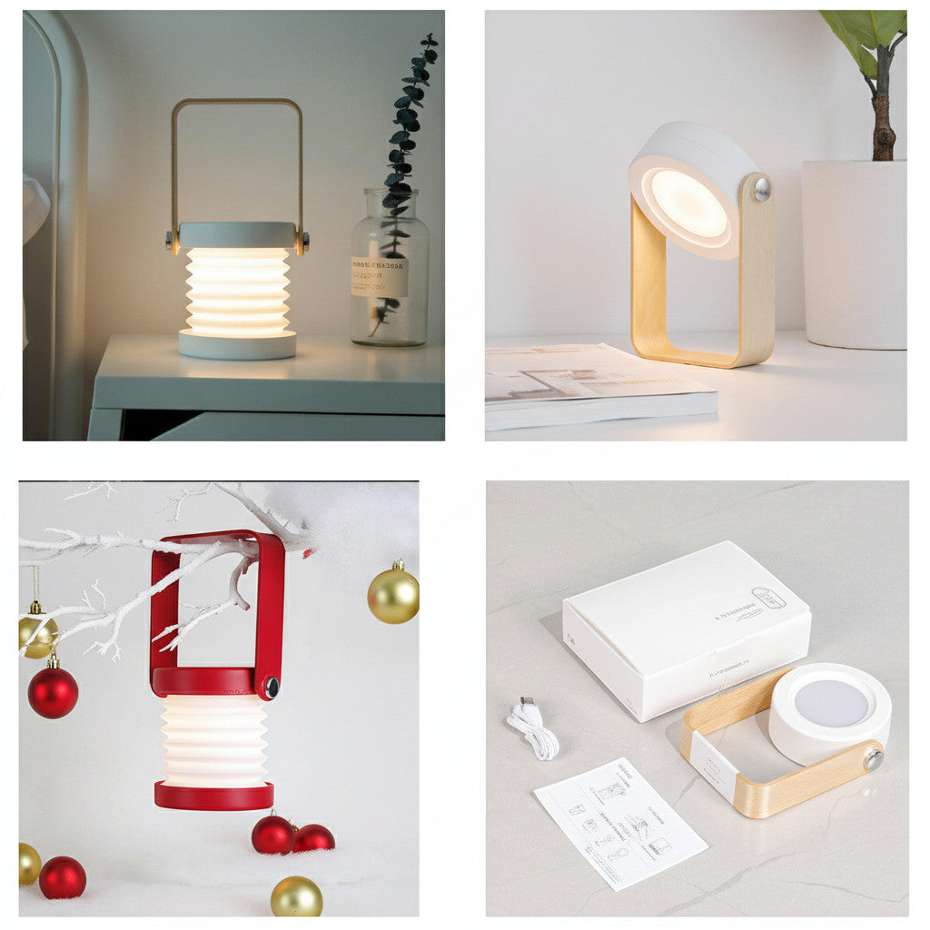Lysverden collapsible accordion lantern with wood handle, touch control, dimmable light, rechargeable battery. White.