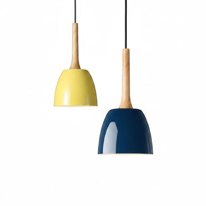 Lysverden colorful metal pendant lamps in yellow and blue with natural wood tops for modern kitchen lighting.