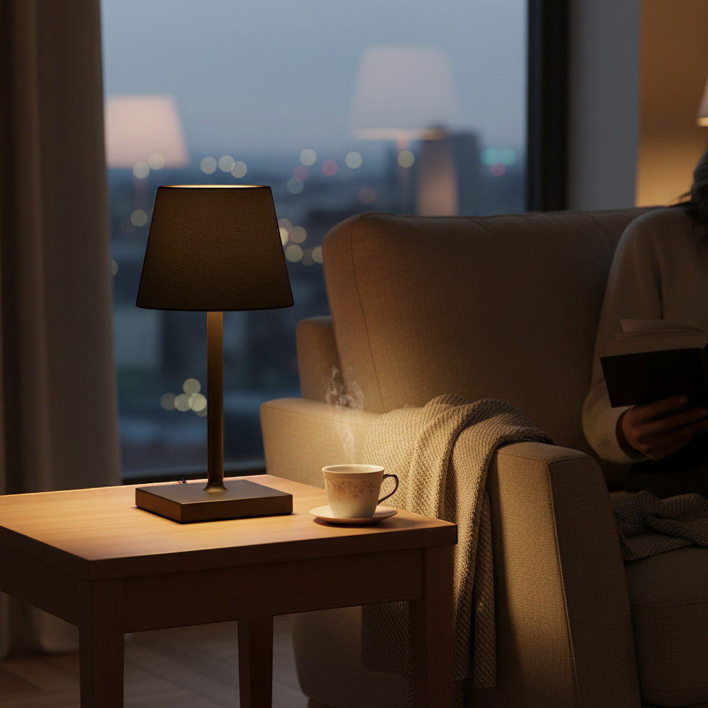 Lysverden black aluminum and PMMA compact cordless restaurant lamp with touch dimming and 3000K warm light.