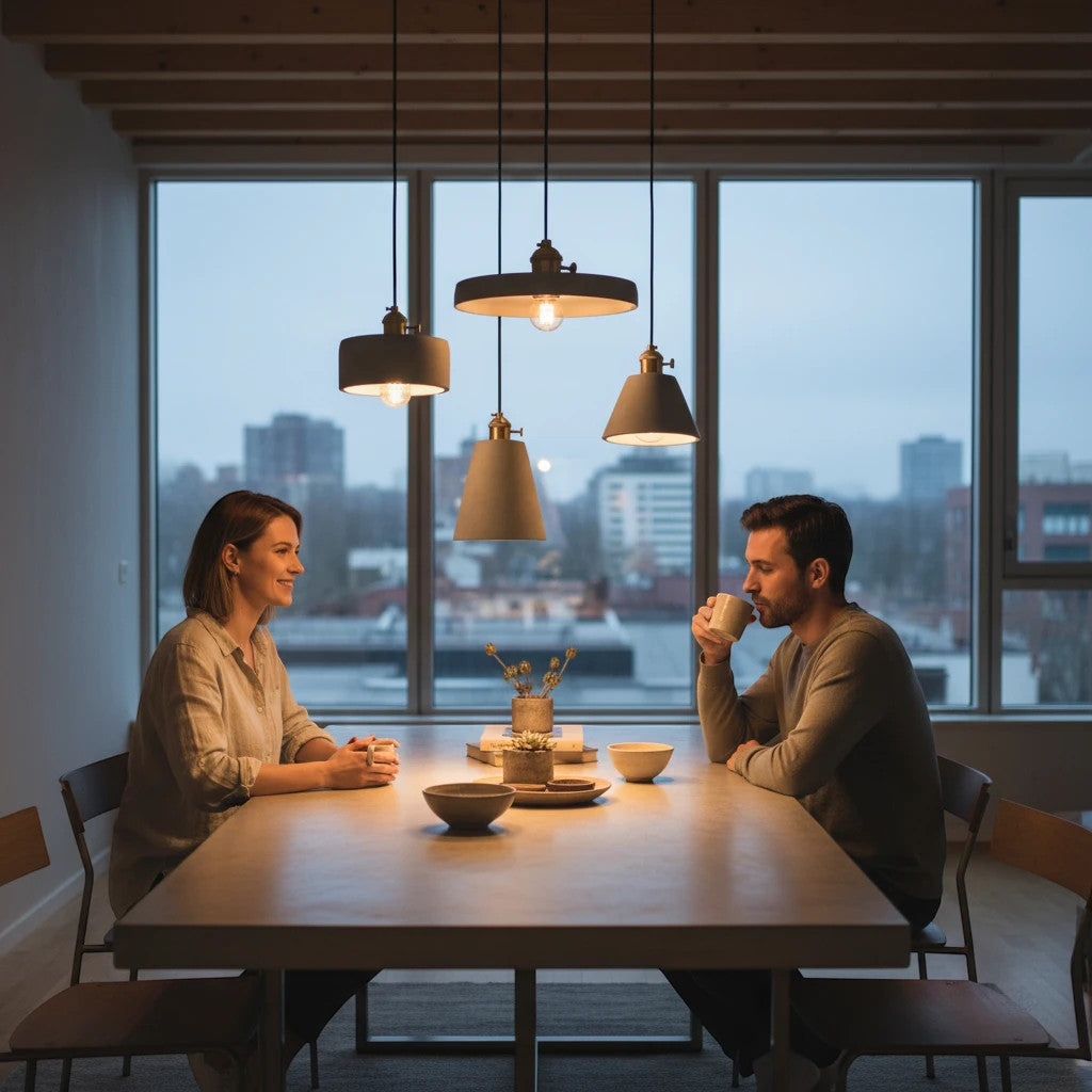 Lysverden concrete pendant lamps with brass details hanging over a dining table with a couple in a modern apartment.